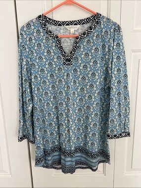NYDJ Blue Printed V-Neck Tunic with Black Trim